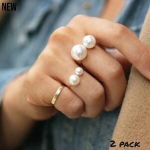 💝New 2 Ring Set Silver & Gold Faux Pearl Adjustable Rings